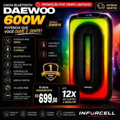 Caixa Bluetooth Daewoo 600w até 5h de Bateria