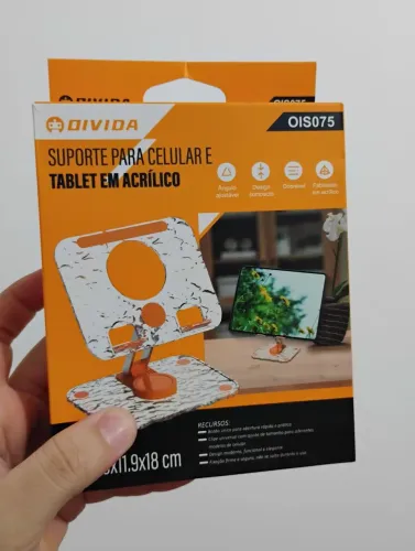 Suporte para tablet/celular acrílico transparente e preto ou laranja antiderrapante 360°