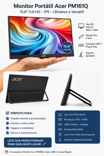 Monitor Portátil Acer PM161Q 15,6? Full HD IPS - Novo Lacrado