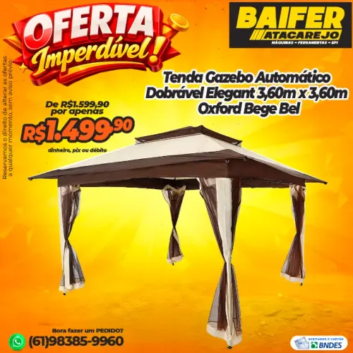 Tenda Gazebo Automático Dobrável Elegant 3,60m x 3,60m Oxford Bege Bel