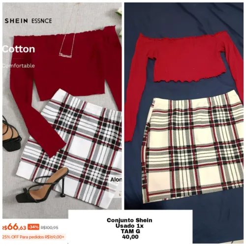 Conjunto saia xadrez e blusa shein
