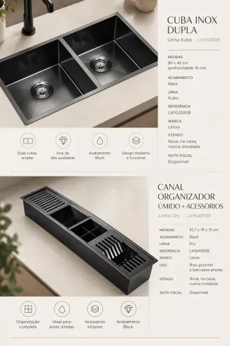 Cuba inox dupla Lexxa Kubo 80x40 Black + Calha úmida Dry nova na caixa