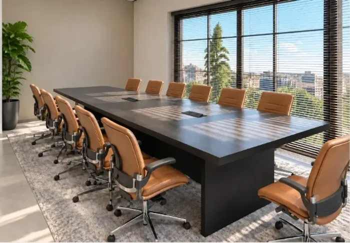Mesa de Reunião Blackout Delluxe. 14Lugares.Tomadas. L400cm x P130cm x A74cm. Via WhatsApp