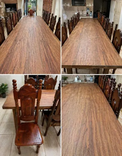 Mesa de madeira maciça grande + 13 cadeiras (ideal para família ou comércio)