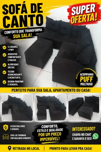SOFÁ DE CANTO PRETO COM PUFF