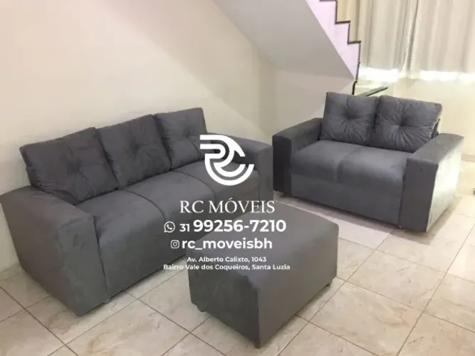 Sofá Canadá 2 e 3 Lugares com Puff - Conjunto Completo em Suede