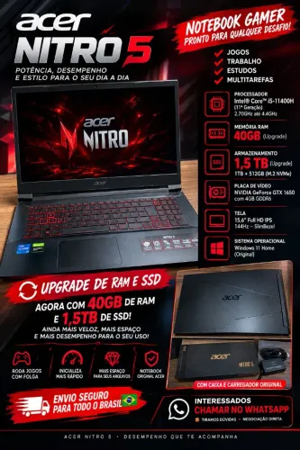 Notebook Gamer Nitro 5 com 40gb e 1.5 tera de ssd