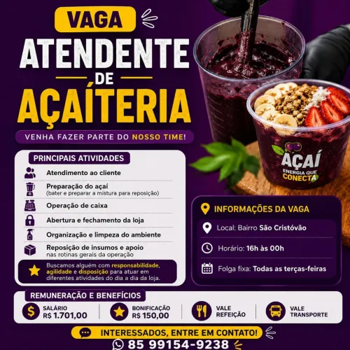 Vaga Atendente Açaiteria (Jangurussu)