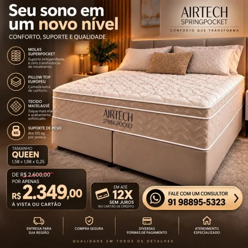 Cama Box Queen + Colchão Molas Ensacadas Airtech | 1,58x1,98