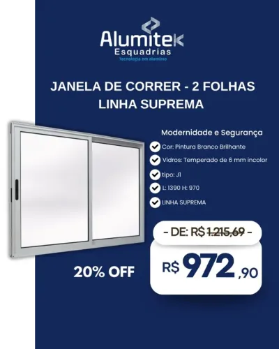 Janela Alumínio 2 Folhas 1,39x0,97 - Linha Suprema