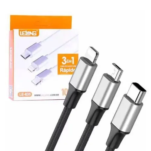 Cabo USB 3 em 1 para V8 Type C e iOS 1M Lelong - LE-835