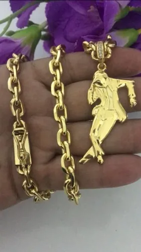 Cordão cadeado 6mm 70cm pingente malandro banho ouro 18k 10 milésimos
