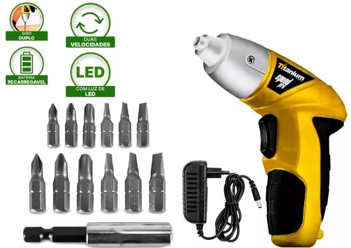 Parafusadeira Titanium Sem Fio 4.8v Elétrica Bivolt com 10 Bits + Prolongador