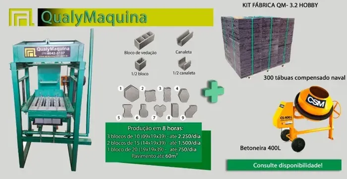 Kit Fábrica Máquina Para Fabricação De Blocos E Pavimentos Hobby 3.2 Com Betoneira