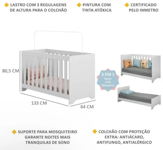 Berço 3 em 1 vira cama com Colchão Incluso