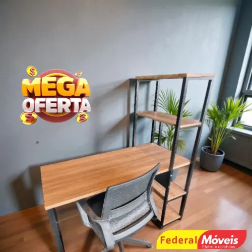 Mesa Escrivaninha com Estante e Cadeira Executiva - Super Oferta