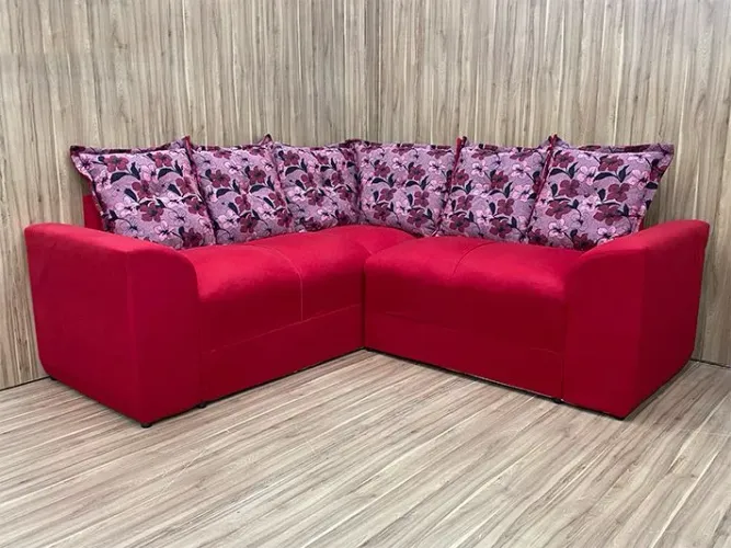 Sofá de Canto 5 Lugares Suede Vermelho com Almofadas Soltas
