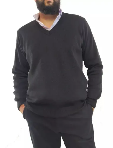 Blusa Suéter de lã preto com gola V Tam M grande cinza escuro Riachuelo Novo