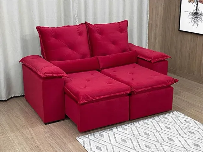 Sofá Retrátil 2 Lugares 2 Metros Veludo Vermelho Acari