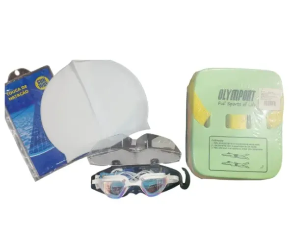 kit touca oculos de natação com protetores nariz e ouvido e cinto flutuante