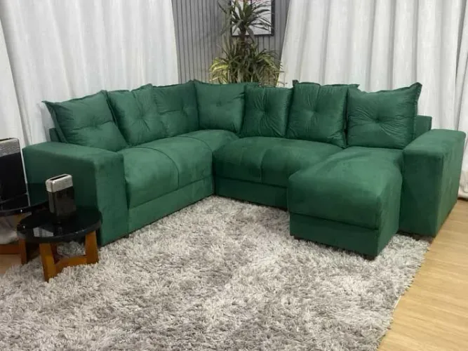 Sofá de Canto 5 Lugares com Chaise Suede Verde