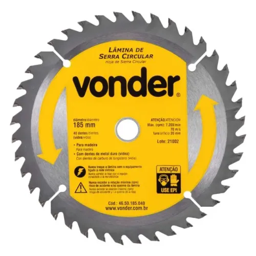 Disco Lâmina de Serra Circular para Madeira 7.1/4 Polegadas 185mm x 20mm x 40 Dentes Vonde