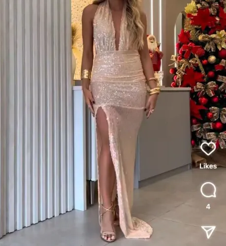 Vestido Longo Festa Paetê Rose/Nude - Tamanho M