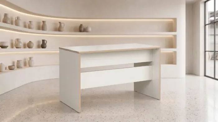 37 - Mesa de Escritório Minimalista | Branca com Detalhes Amadeirados | Recepção