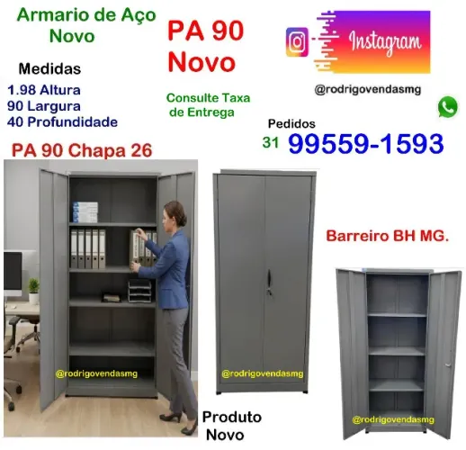 Armario Aço PA 90 Novo Multiuso Escola Comercio Industria Loja Estoque auto casa
