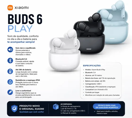 Fone Xiaomi Buds 6 Play - Novo e Original!