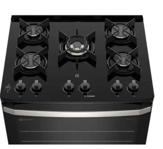 Fogão 5 bocas Electrolux Preto Efficient Mesa de Vidro PerfectCook e Grades de Ferro