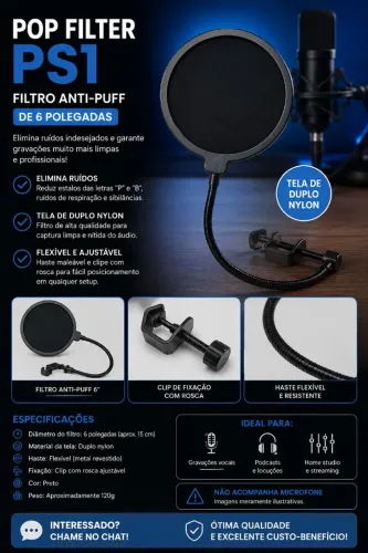 Pop Filter PS1 - Filtro Anti-Puff para Microfone