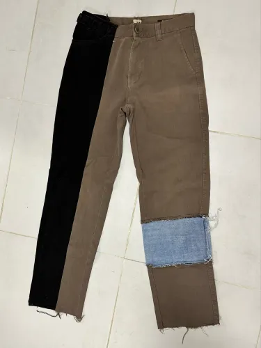 Calça Bicolor Split Leg Custom Patchwork - Preto E Marrom Com Jeans Raw Hem Y2K