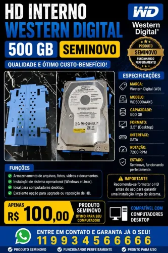 ? HD WESTERN DIGITAL 500 GB - SEMINOVO