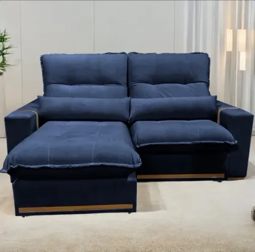 Sofá Retrátil Reclinável Veludo Azul 2,00m Linha Ônix