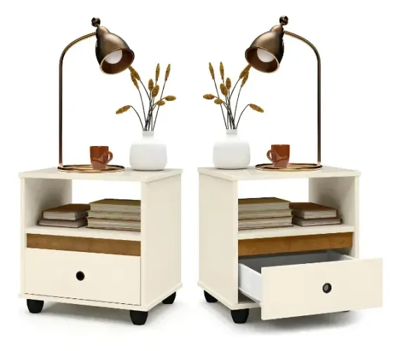 Kit Conjunto 2 Mesa De Cabeceira Box Retro Quarto Cama Cor Off White/freij