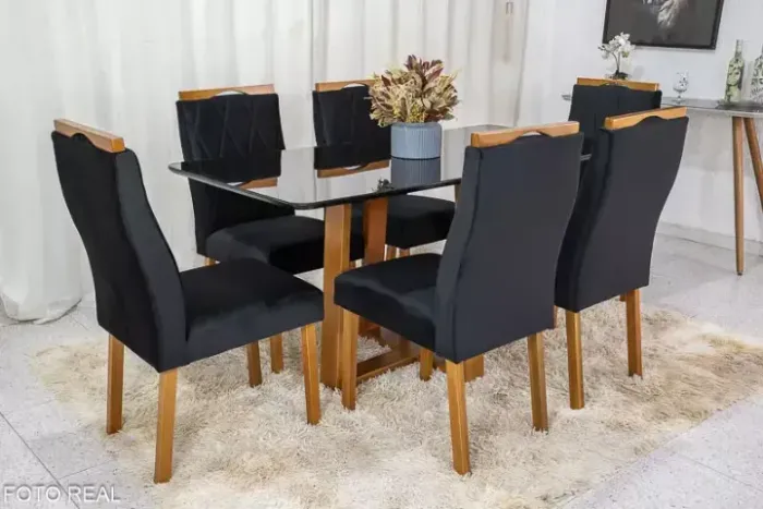 Mesa de jantar tampo preto 6 cadeiras