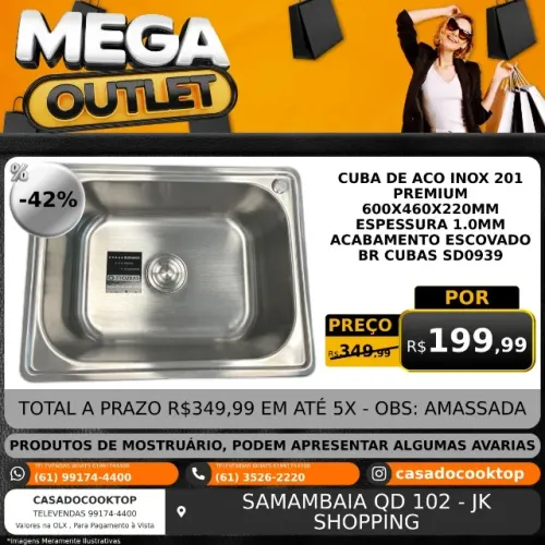 CUBA DE ACO INOX 201 PREMIUM 600X460X220MM ESPESSURA 1.0MM ACABAMENTO ESCOVADO BR CUBAS