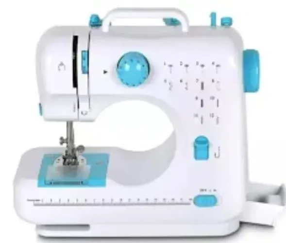 máquina de costura portátil modelo 505 com 12 pontos e luz LED branca e azul.