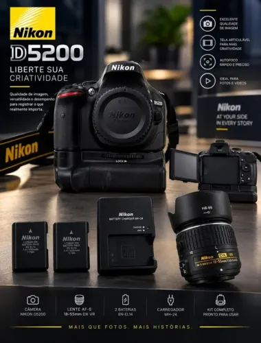 DSRL Nikon D5200 + Grip + 2 Baterias + Bolsa