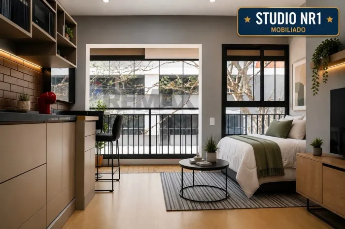 Studio NR Mobiliado compacto no Nex One Vila Madalena | 29,84 m² privativos