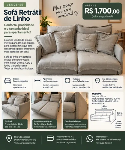 Sofá Retrátil Linho com 2 ou 3 lugares com 1,80m de largura