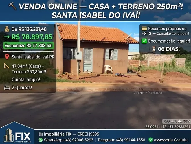 ? VENDA ONLINE ? Casa 2Q + Terreno 250,80m² ? Santa Isabel do Ivaí-PR ? R$ 78.897,85 ? 42