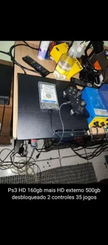 PS3 HD160gb + HD externo 500gb/ Desbloqueado com 2controles ? É incríveis (35JOGOS)