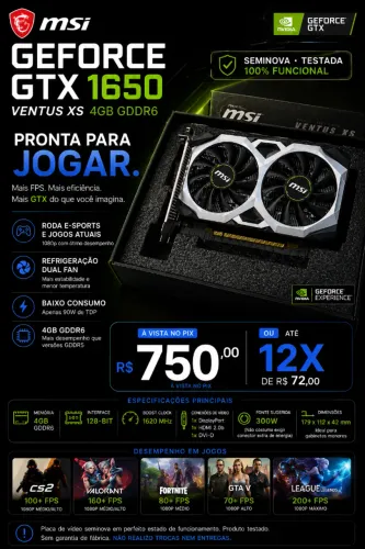 Placa de Vídeo GTX 1650 MSI Ventus XS 4GB GDDR6 | Testada e Funcionando 100%