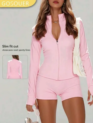 Conjunto Fitness Feminino Rosa com Jaqueta e Short SHEIN
