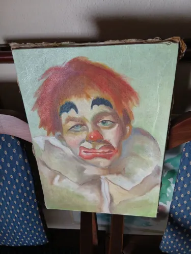 PINTURA A ÓLEO ANTIGA PALHAÇO TRISTE ASSINADO R. ELIANE ANOS 50/70