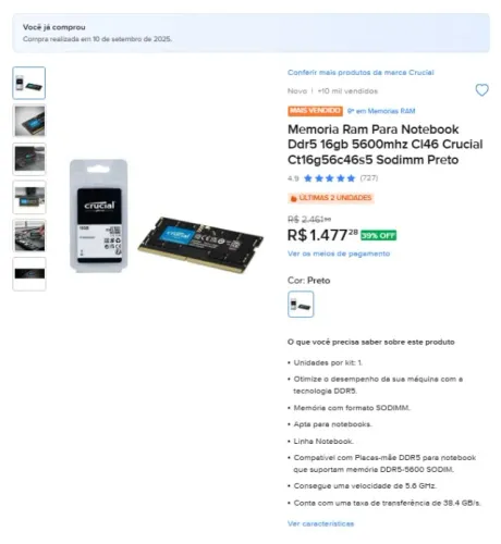Memoria Ram Para Notebook Ddr5 16gb 5600mhz Cl46 Crucial Ct16g56c46s5