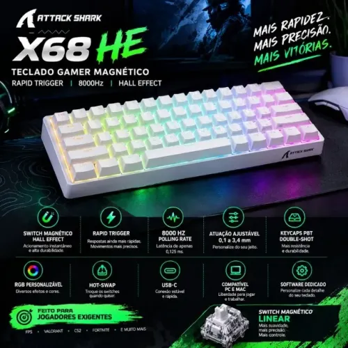ATTACK SHARK X68he LACRADO TECLADO GAMER MAGNÉTICO 8000Hz + RAPID TRIGGER