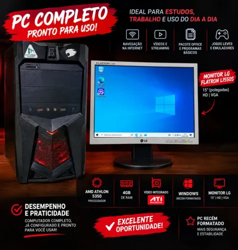 PC AMD Athlon 5350 + Monitor LG 15" + Caixa de Som | 4GB RAM | Windows 10